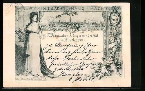 AK Fürth, IX. Fränkisches Sängerbundesfest 1892, Stadtpanorama, Frau mit Lyra