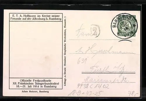 Künstler-AK Ganzsache Bayern PP38C17 /02: Bamberg, XII. Fränkisches Sängerbundesfest 1914, E.T.A. Hoffmann auf Altenburg