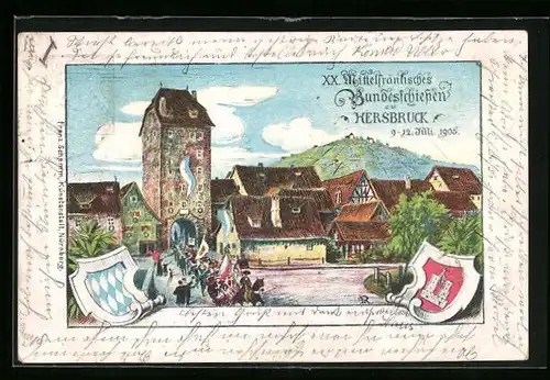 Lithographie Ganzsache Bayern PP15C81: Hersbruck, XX. Mittelfränkisches Bundesschiessen 1905