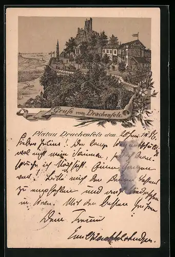 Vorläufer-Lithographie Ganzsache PP6F38 /018: Königswinter, 1886, Gasthaus auf dem Drachenfels