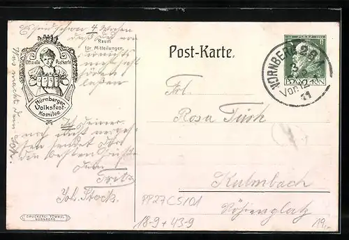 Künstler-AK Ganzsache Bayern PP27C5 /01, Nürnberg, Volksfest 1911