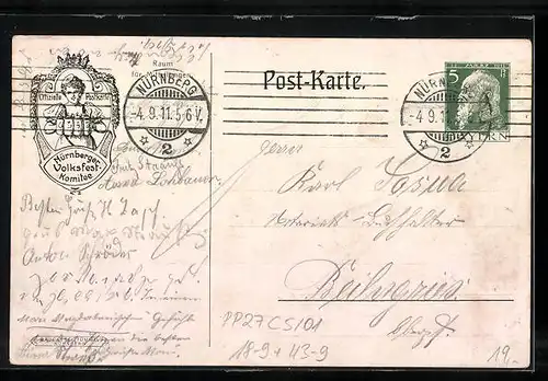 Künstler-AK Ganzsache Bayern PP27C5 /01, Nürnberg, Volksfest 1911