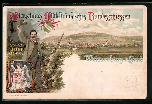 Lithographie Ganzsache Bayern PP15C15, Weissenburg a. Sand, 14. Mittelfränkisches Bundesschiessen 1899, Panorama