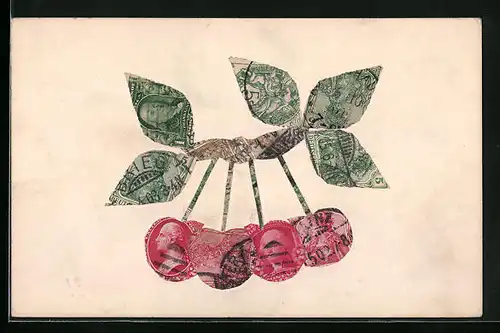AK Briefmarkencollage mit Kirschen am Zweig