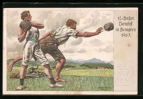 AK Ganzsache Bayern PP15C76 /02, Kempten, 12. Bayer. Turnfest 1905, Kugelstosser