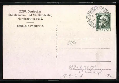 AK Ganzsache Bayern PP27C39 /03, Marktredwitz, XXIV. Deutscher Philatelisten- u. 16. Bundestag 1912 mit Sonderstempel