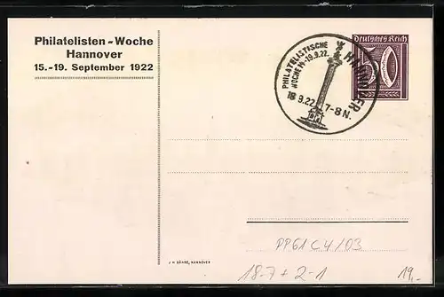 AK Hannover, Ganzsache PP61C4 /03, Philatelisten-Woche 1922