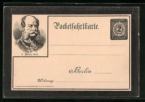 AK Berlin, Neue Berl. Omnibus- u. Packetfahrt AG, Kaiser Wilhelm I. 1888, Private Stadtpost
