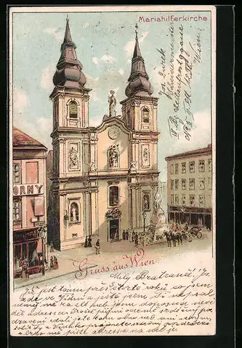 Lithographie Wien, Mariahilferkirche, Aussenansicht