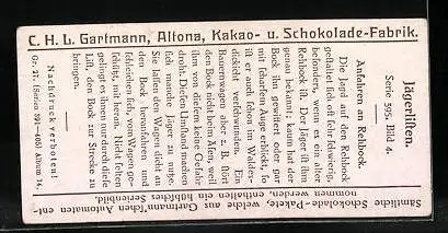 Sammelbild Gartmann`s Chocolade, Jägerlisten, Anfahren an Rehbock