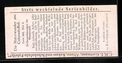 Sammelbild Gartmann`s Schokolade, Die Naturwunder am Coloradofluss, Felsenwohnung im Mancostal