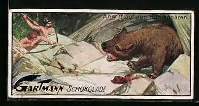 Sammelbild Gartmann`s Schokolade, Der Mensch in der Steinzeit, Angriff auf den Höhlenbären