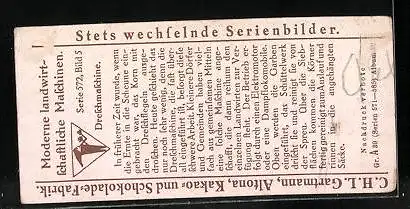 Sammelbild Gartmann`s Schokolade, Moderne landwirtschaftliche Maschinen, Dreschmaschine