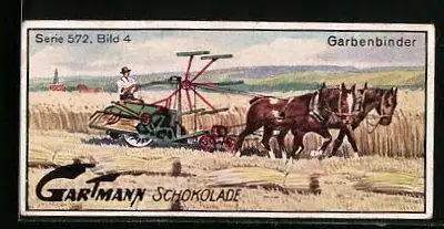 Sammelbild Gartmann`s Schokolade, Moderne landwirtschaftliche Maschinen, Garbenbinder