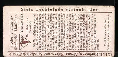 Sammelbild Gartmann`s Schokolade, Moderne landwirtschaftliche Maschinen, Kartoffelerntemaschine