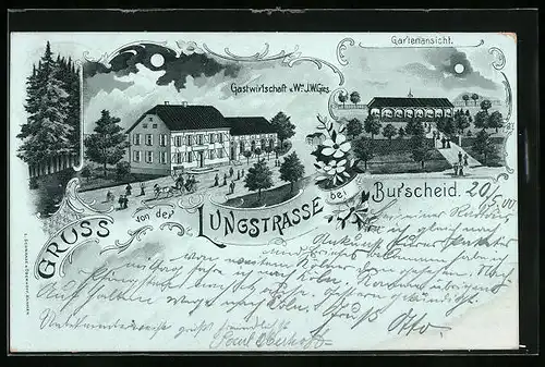 Mondschein-Lithographie Burscheid, Gasthaus von Ww. J. W. Gies an der Lungstrasse