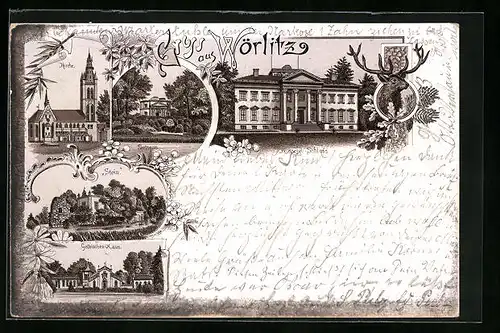 Lithographie Wörlitz, Herzogl. Schloss, Gothisches Haus, Pantheon