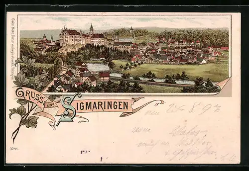 Lithographie Sigmaringen, Panorama mit Schloss