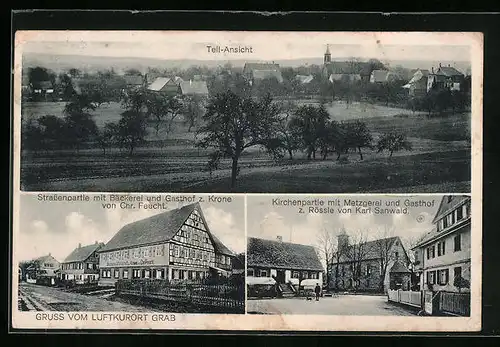 AK Grab, Strassenpartie mit Gasthof z. Krone, Kirche mit Gasthof z. Rössle, Totalansicht