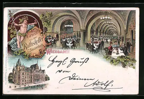 Lithographie Wiesbaden, Restaurant Rathskeller, Innenansicht