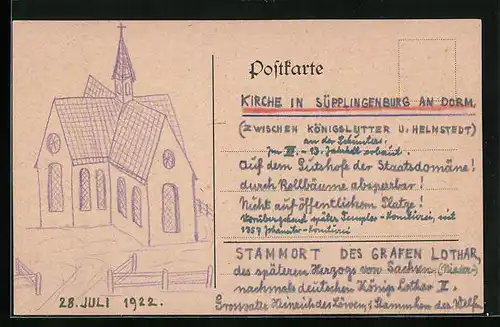 Künstler-AK Handgemalt: Süpplingenburg an Dorm, Kirche, 1922