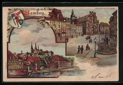 Lithographie Bamberg, Strassenpartie mit Denkmal, Panorama, Halt gegen das Licht: Abendstimmung