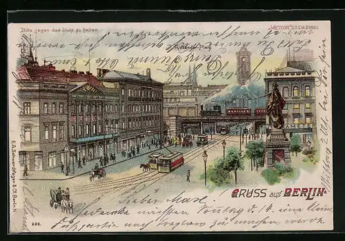 Lithographie Berlin, Friedrichstrasse mit Strassenbahn, Halt gegen das Licht: Mondschein