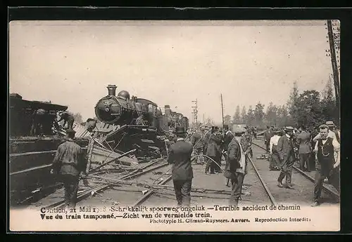 AK Contich, Terrible accident de chemin de fer 1908, Vue du train tamponné, Eisenbahnkatastrophe
