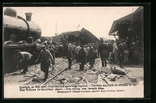 AK Contich, Terrible accident de chemin de fer 1908, Une Voiture de deuxième classe, Eisenbahnkatastrophe