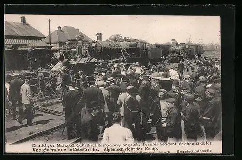 AK Contich, Terrible accident de chemin de fer 1908, Vue générale, Eisenbahnkatastrophe