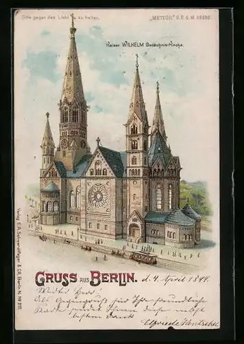 Lithographie Berlin, Kaiser Wilhelm-Gedächnis-Kirche mit Strassenbahn, Halt gegen das Licht: Mondschein
