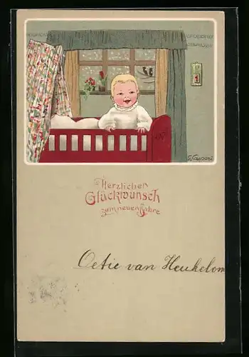 Künstler-AK Gertrud Caspari: Neujahrsgruss, Strahlendes Kleinkind im Kinderbett