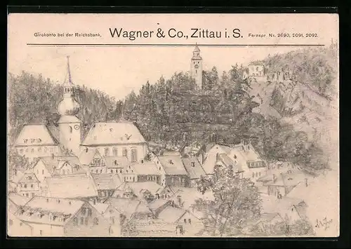 Künstler-AK Handgemalt: Zittau i. S., Girokonto bei der Reichsbank, Wagner & Co., Ortsansicht aus der Vogelschau