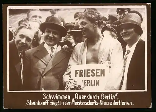 Fotografie unbekannter Fotograf, Ansicht Berlin, Schwimmen Quer durch Berlin, Sieger Steinhauff