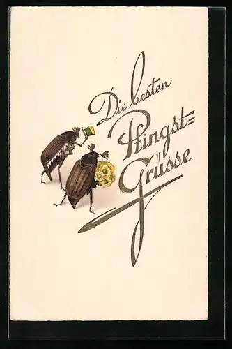 Präge-AK Pfingstgrüsse mit sich zwei grüssenden Maikäfern