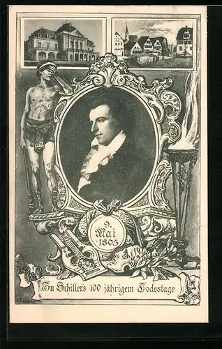 Künstler-AK Friedrich v. Schiller im Portrait, Erinnerung an seinen 100jährige Geburtstagsfeier