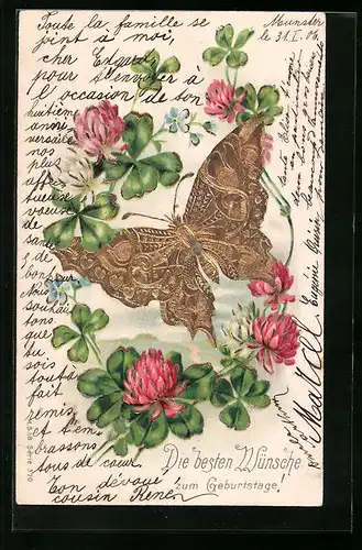 Präge-AK Geburtstagsgruss mit vergoldetem Schmetterling