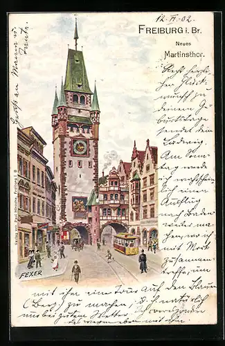 Lithographie Freiburg i. Br., Strassenpartie mit Turm
