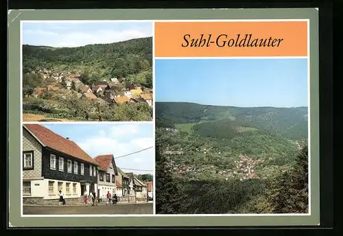 AK Suhl-Goldlauter, Gasthaus Zum Hirsch und Strasse mit Passanten