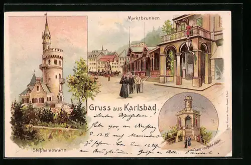 Lithographie Karlsbad, Marktbrunnen, Stephaniewarte, Franz-Joseph-Höhe