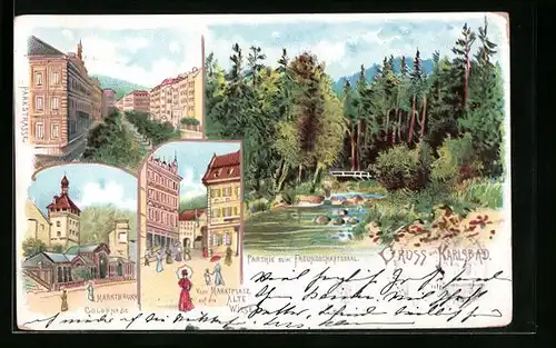 Lithographie Karlsbad, Marktbrunnen, Kolonnade, Parkstrasse