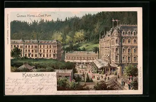 Lithographie Karlsbad, Grand Hotel und Cafe Pupp