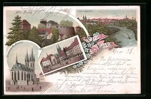 Lithographie Eger, Alte Burg, Decanale St. Nicolai, Marktplatz, Panorama mit Dampfer