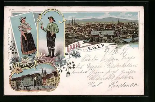 Lithographie Eger, Marktplatz, Panorama aus der Vogelschau, Tracht