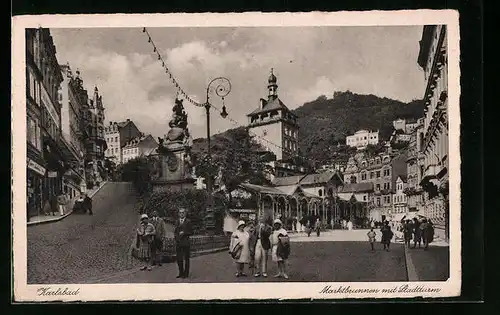 AK Karlsbad, Marktbrunnen mit Stadtturm