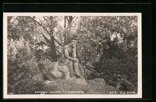 AK Dux / Duchcov, Denkmal Walter v. d. Vogelweide