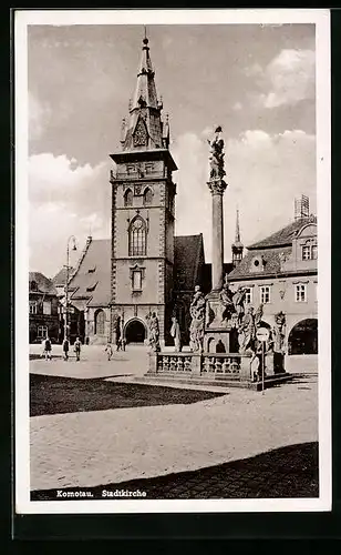 AK Komotau / Chomutov, Stadtkirche und Heiligensäule