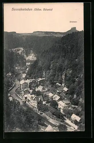 AK Herrnskretschen / Hrensko, Ortsansicht mit Blick zum Zirkelstein