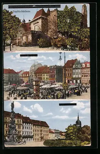 AK Teplitz Schönau / Teplice, Marktplatz, Ruine, Denkmal