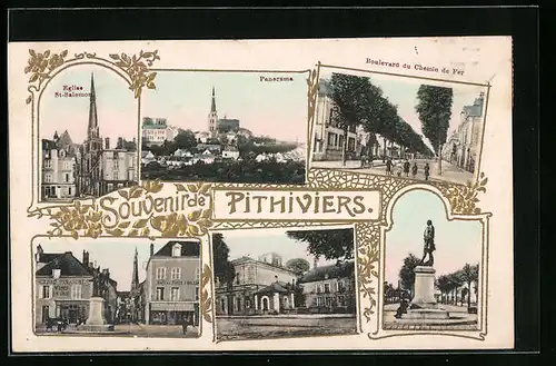 Präge-AK Pithiviers, Eglise St-Salomon, Panorama, Boulevard du Chemin de Fer